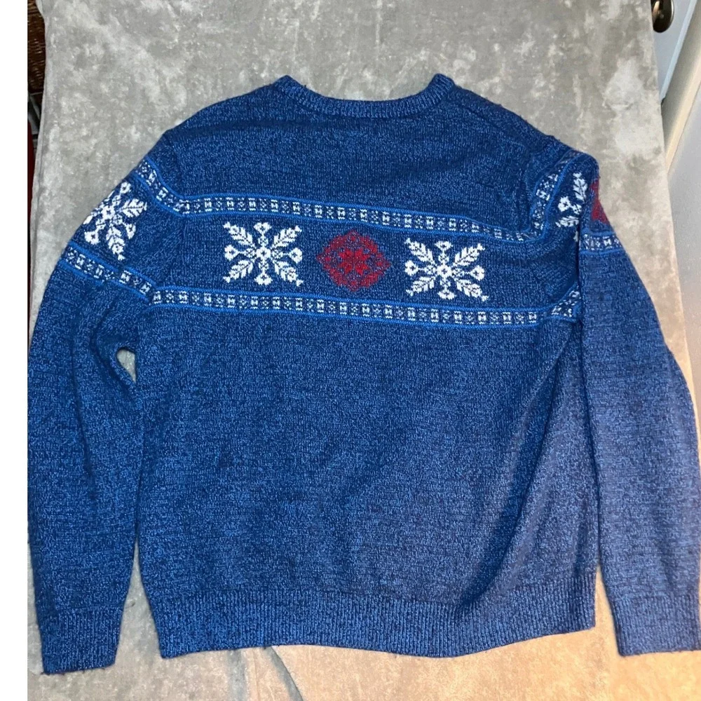 Lands End Blue Snowflake Fair‎ Isle Crew Neck Sweater XL Wool Blend Grandpa Ski